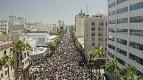 Los Angeles , California / United States - 06 14 2020: Aerial View of Thousands of People at Hollywood Boulevard in All Black Lives Matter Protest Including LGBT Community From Annual Pride Festival,