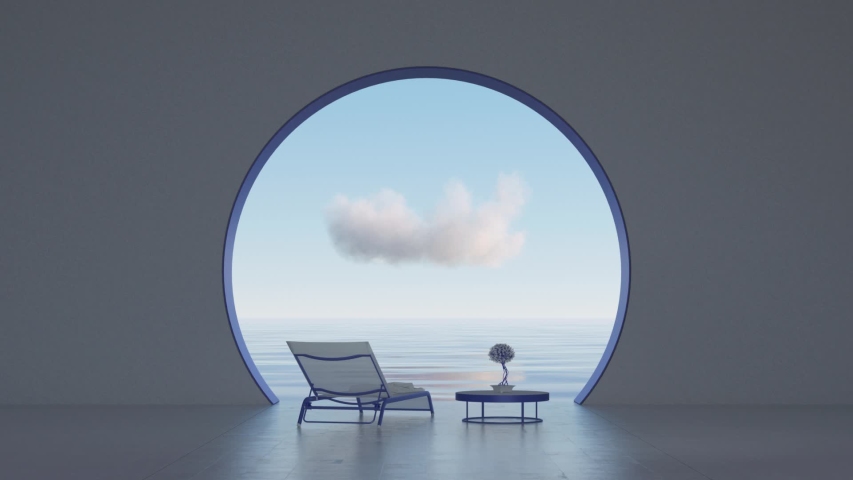 Surreal luxury interior with round window and waterscape view. Imaginary interior design idea. Abstract architecture room with cloud above sea horizon view and lounge chairs. Blue modern interior. Royalty-Free Stock Footage #1055734421
