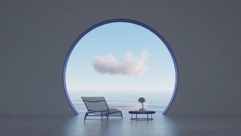 Surreal luxury interior with round window and waterscape view. Imaginary interior design idea. Abstract architecture room with cloud above sea horizon view and lounge chairs. Blue modern interior.