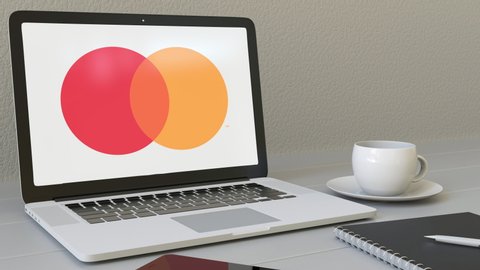 MOSCOW, RUSSIA - CIRCA 2020. Modern laptop screen with Mastercard logo, editorial 3d rendering