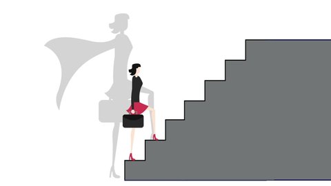 Young businesswoman animation walking up the stairs with superhero cape shadow on the wall. Shot in 4k resolution