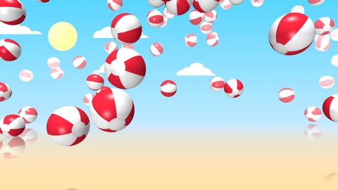 Abstract animation with bouncing beach balls against a blue sky with clouds and sun.