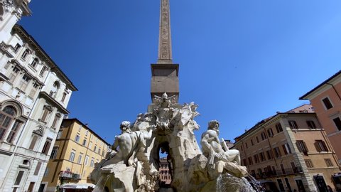 The Fontana dei Quattro Fiumi (fountain of the four rivers) in Piazza Navona in Rome. Baroque style. Sculpture and architecture. Ancient monument in Rome