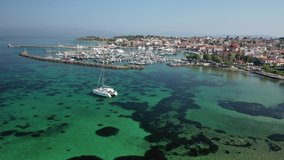 Aerial drone video of picturesque port and main town of Aigina island, Saronic gulf, Greece