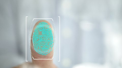 ID security access control / futuristic personal identification / biometric authentication concept : Businessman places thumb on a biometric glass scanner to scan and unlock the office security door