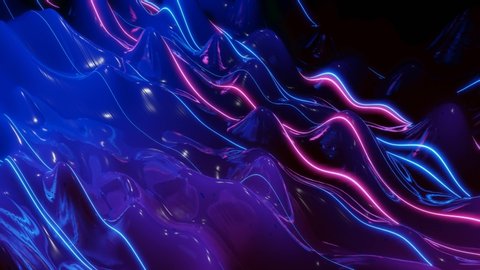 Abstract 3D surface with beautiful waves, luminous sparkles and bright color gradient blue purple and glow lines. Waves run on very shiny, glossy surface with glow glitter. 4k looped animation