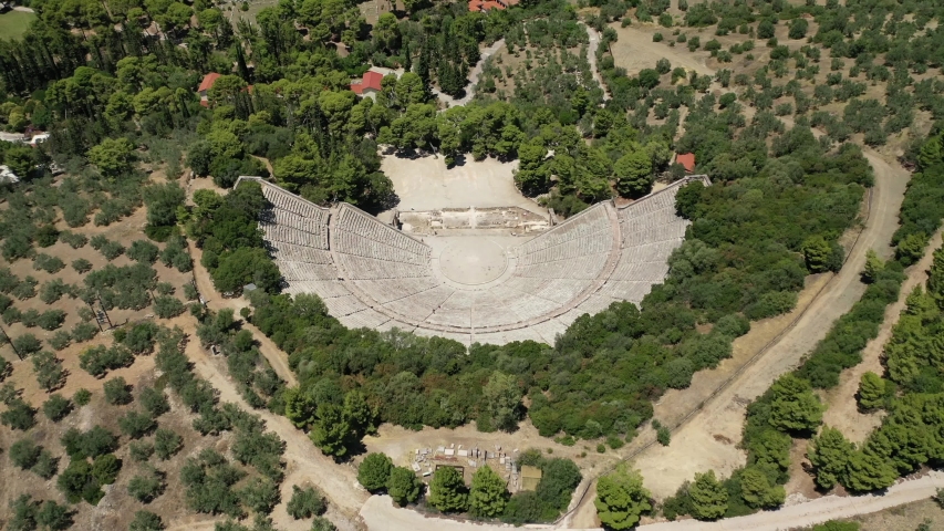 Aerial drone video of massive ancient theatre of Epidaurus or Epidavros, Argolida, Peloponnese, Greece