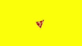 Stop motion animation. Group of slices of pizzas on a yellow color background.