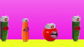 Stop motion animation. Concept tomato, cucumber and carrot with nurse hat on a colorful background.