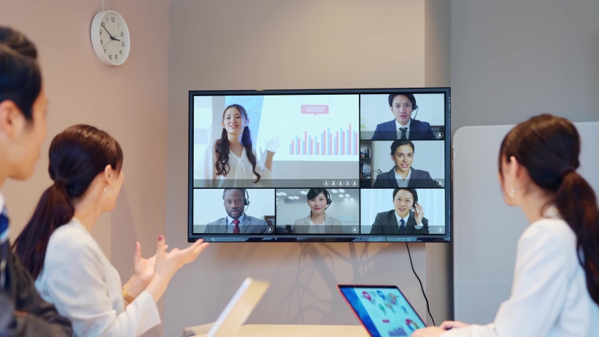 Video conference concept. Teleconference. Telemeeting. Webinar. Online seminar. e-Learning. | Shutterstock HD Video #1055788688