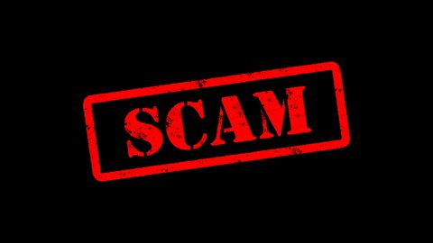 Red SCAM Stamp Animation on Black Background, White Background, Green Screen and Alpha Channel Included
