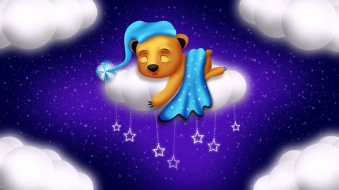 Cute bear cartoon sleeping on a cloud, babies sleep background, looped stars and clouds at night animation.