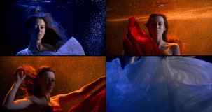 a collage of four videos. a woman with long hair in the dark under water. she looks at the camera, the translucent fabric moves beautifully.