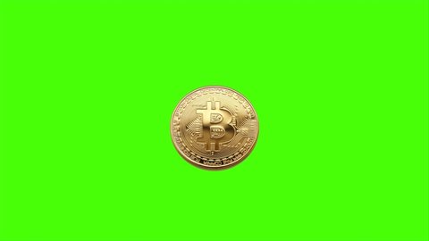 One bitcoin coin flipping into the air on a green screen background