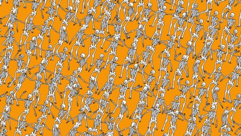 Seamless funny animation of dancing skeletons in comic style and orange color. Halloween zine culture video loop with a trendy cartoon  look special for clubs and parties.