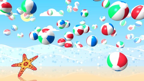 Animation of the sea with beach balls, waves and a jumping dolphin on a summer sunny day with a blue sky and clouds is percoded in a 3D program of high quality 4 K.