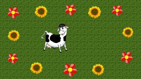 Cows in Meadow. Cartoon hand drawn animation on green screen.Cow line drawing. Cow video animation. Self drawing animation of continuous one line drawing of isolated object cow