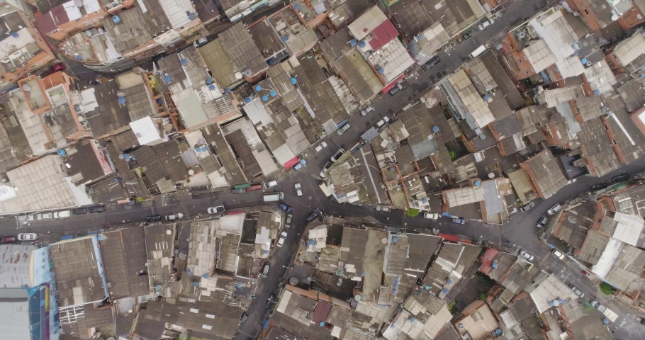 Top down Aerial view of Favela slum in Brazil in Sao Paulo. Poverty Social Problem in Heliopolis Neighborhood
