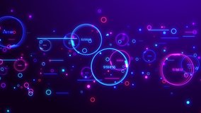 Neon different circular elements move in a horizontal direction, blue red pink violet spectrum, fluorescent ultraviolet light, 4k seamless loop cg animation