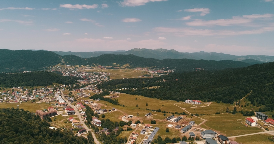 Bakuriani Summer drone footage mountines and sunset