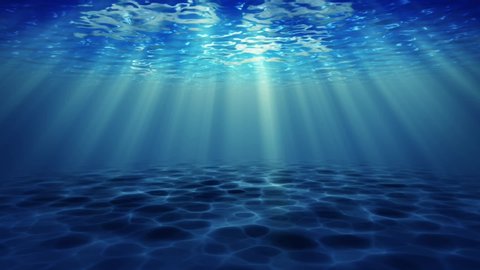 Beautiful Underwater Blue Sea Background Animation with Sun Light. Motion Design with Clear Water and Lighting Reflection Curtain.