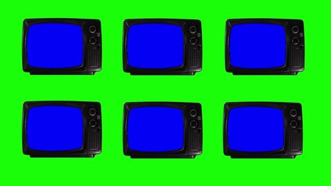 Six Retro TVs with Blue Screen over Green Background.