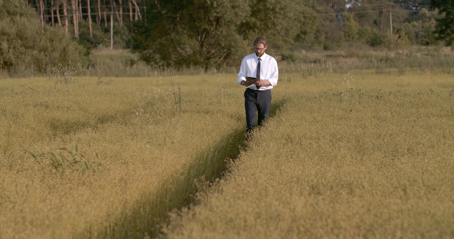 Handsome farmer in white shirt and black tie with clipboard checking quality and ripeness of crops. Bearded businessman controlling growth of organic products.