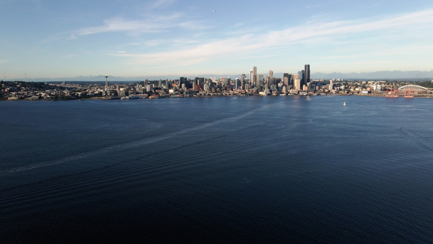 Seattle Waterfront Skyline Aerial Over Blue Puget Sound Ocean Water