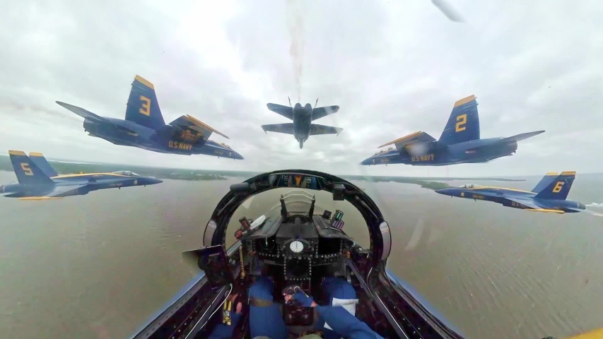 CIRCA 2020 - A view from the cockpit of the US Navy Flight Demonstration Squadron, the Blue Angels, in action