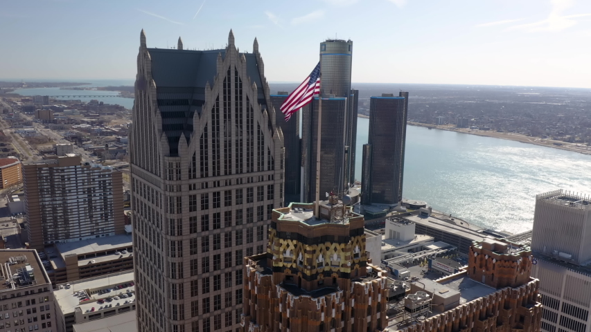 Great Aerial Downtown Detroit Buildings Rooftop Flag Sunny