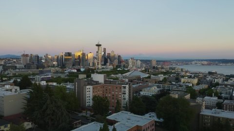 Aerial Birds Eye View of Seattle Skyline during Sunset at Kerry Park with Mount Rainier Visible in Distance