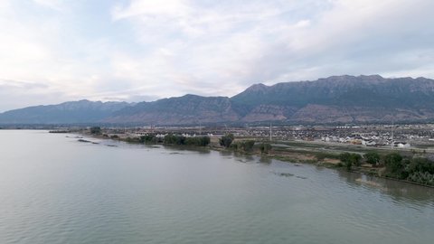 Utah Lake Shoreline with City of Orem, Vineyard, and Provo in Background - Aerial Drone Landscape