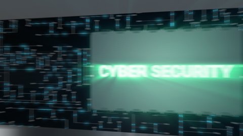 Seamless looping 3d animated corridor with screens displaying text about the topic cyber security in 4K resolution