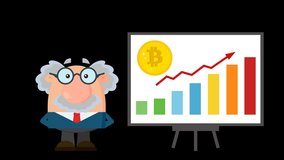 Professor Or Scientist Cartoon Character With Pointer Discussing Bitcoin Growth With A Bar Graph. 4K Animation Video Motion Graphics Without Background