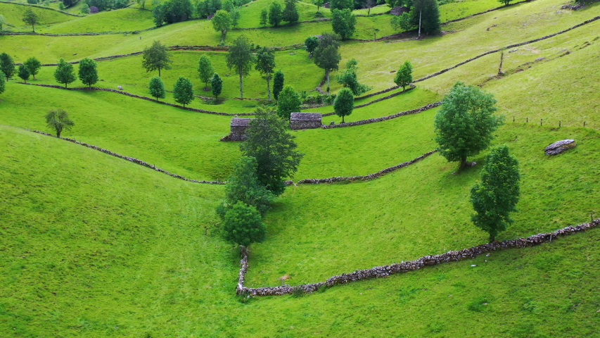 Aerial view with a drone of the spring landscape of pasiegas cabins and meadows in the Miera Valley in the Autonomous Community of Cantabria. Spain, Europe