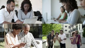 Collage of diverse people looking at screen of digital device. Confident men and women with laptops and smartphones. Multiscreen montage, split screen collage. Communication and technology concept