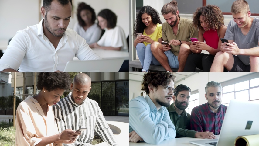 Collage of adult people typing, chatting and using devices. Various young confident men and women with phone or laptop computer. Multiscreen montage collage. Communication and technology concept | Shutterstock HD Video #1055869589