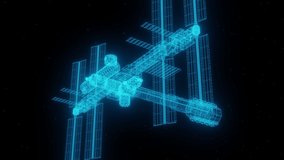 3D Render animation of schematic wireframe of the ISS. Wireframe Hologram of Space Station rotating.