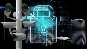 Animation of security padlock, CCTV cameras recording, data processing and cityscape in the background. Global computing online security concept digitally generated concept. - Powered by Shutterstock - Get 15% off with code: PIKWIZARD15