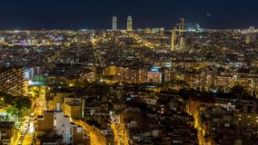 Panoramic view of Barcelona at night. Time lapse video.