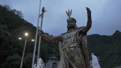 Aguas Calientes / Peru - 11.07.2019: Statues of Inca Emperor Pachacuti in Aguas Calientes square in Peru 