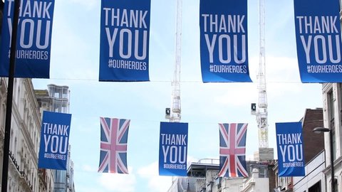 London, England: July 12th 2020: "Thank You Our Heroes" Banners for NHS on Oxford Street after Coronavirus lockdown.