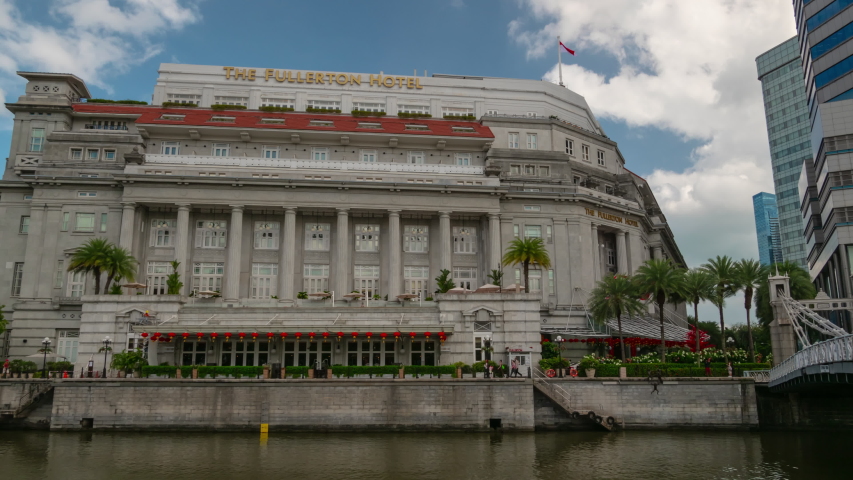 SINGAPORE - OCTOBER 15 2019: day time singapore city center famous old hotel riverisde panorama 4k timelapse circa october 15 2019 singapore.
