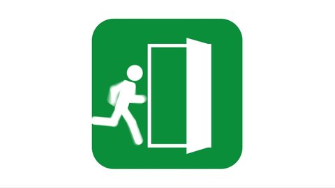 Animated emergency exit sign with continuously evacuating symbol people in loop.