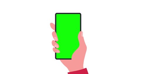 4K Looped animation of Smartphone with green screen in hand. Man or woman checking cell phone. 2D Seamless motion animated footage, Touchscreen phone mockup for Mobile application, portrait mode