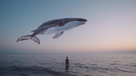 Girl watches humpback whale flying above the sea. Mystical, fantasy, dream scene, a spirit animal or creative illustration for ecology and extinction topics. Cinematic quality.