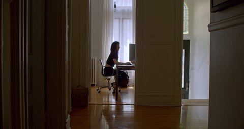 Attractive young woman enjoying what she is doing as she works on her computer in her beautiful Brownstone apartment 