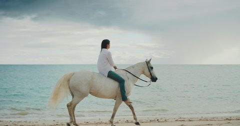 Woman riding beautiful white horse down the beach in slow motion, relaxing coastline
