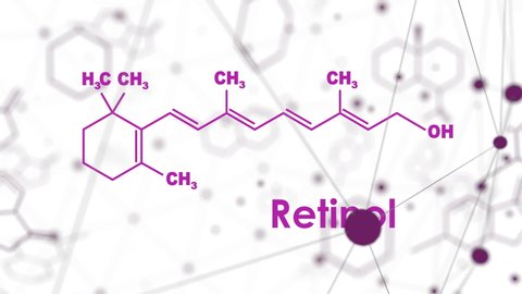 Vitamin A retinol molecule. Skeletal formula. Connected lines with dots background.