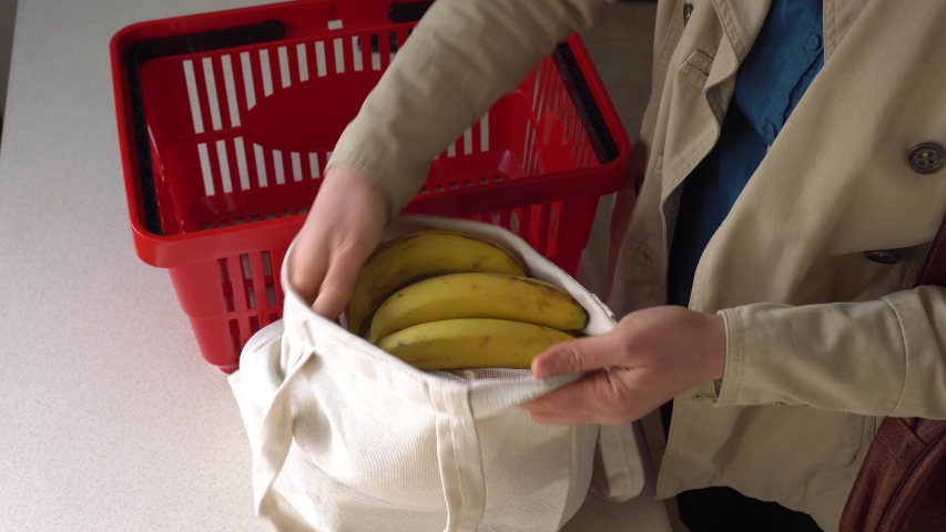 Reusable Natural Cloth Produce Bag. Plastic free. Packaging-Free, Plastic free. Zero waste shopping in supermarkets and grocery stores. Sack with Drawstring for Bulk Food | Shutterstock HD Video #1055915177